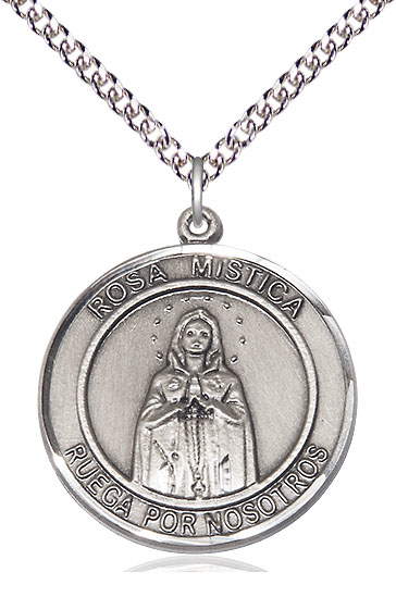 Sterling Silver Our Lady Rosa Mystica Pendant on a 24 inch Sterling Silver Heavy Curb chain