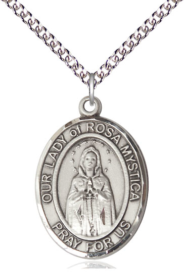 Sterling Silver Our Lady of Rosa Mystica Pendant on a 24 inch Sterling Silver Heavy Curb chain