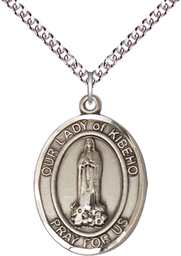Sterling Silver Our Lady of Kibeho Pendant on a 24 inch Sterling Silver Heavy Curb chain