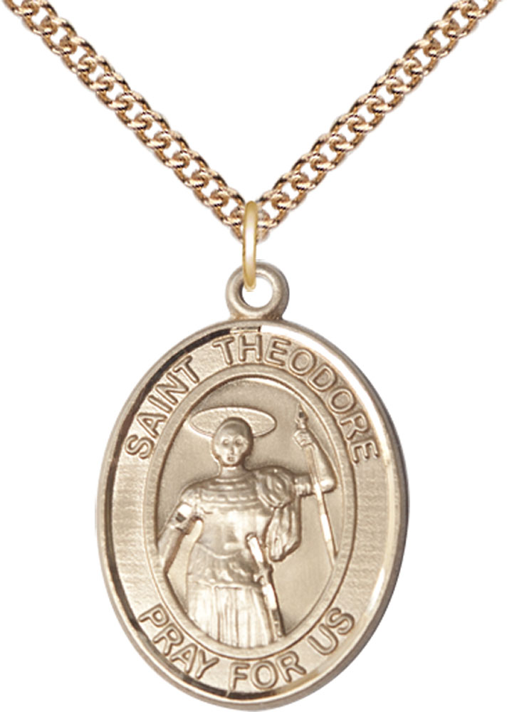 14kt Gold Filled Saint Theodore Stratelates Pendant on a 24 inch Gold Filled Heavy Curb chain