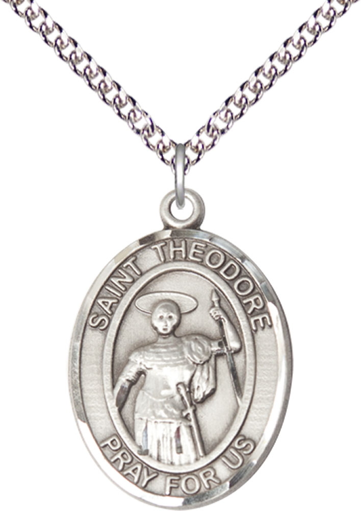 Sterling Silver Saint Theodore Stratelates Pendant on a 24 inch Sterling Silver Heavy Curb chain