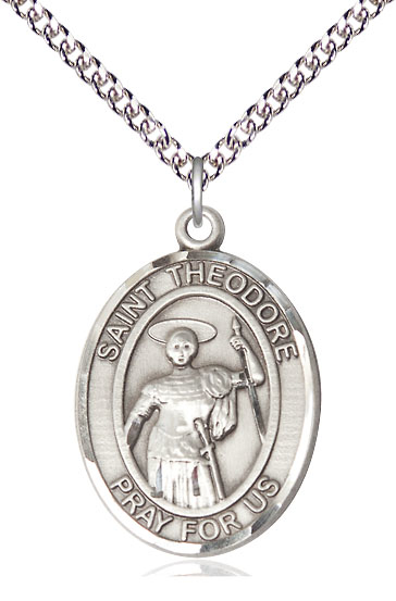 Sterling Silver Saint Theodore Stratelates Pendant on a 24 inch Sterling Silver Heavy Curb chain