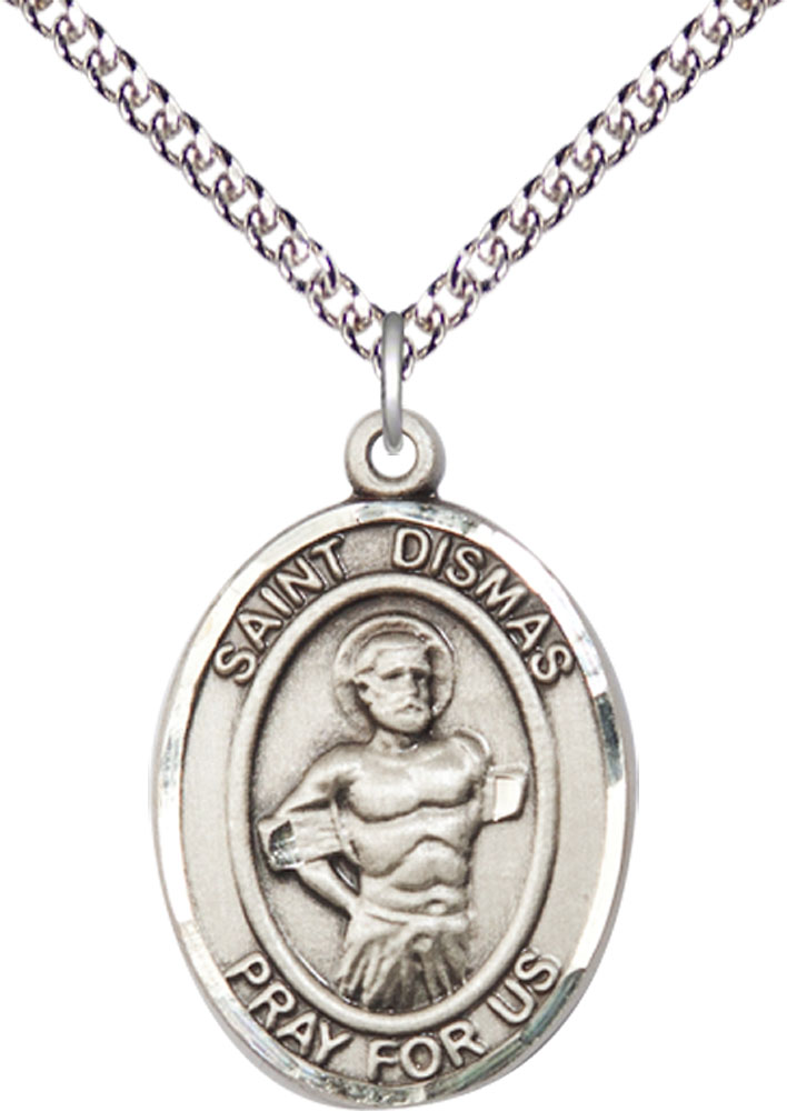 Sterling Silver Saint Dismas Pendant on a 24 inch Sterling Silver Heavy Curb chain