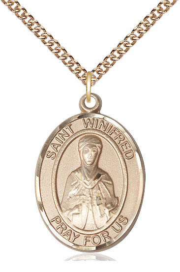 14kt Gold Filled Saint Winifred of Wales Pendant on a 24 inch Gold Filled Heavy Curb chain