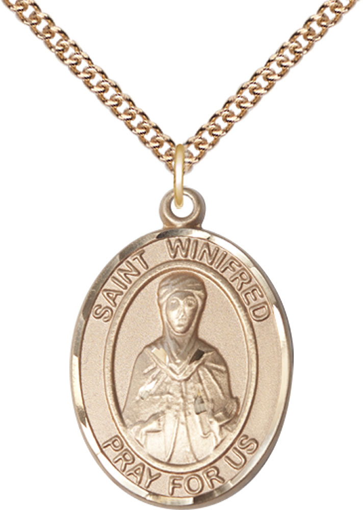 14kt Gold Filled Saint Winifred of Wales Pendant on a 24 inch Gold Filled Heavy Curb chain