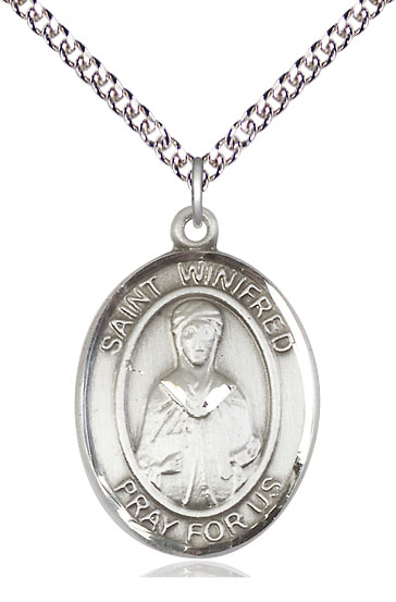 Sterling Silver Saint Winifred of Wales Pendant on a 24 inch Sterling Silver Heavy Curb chain