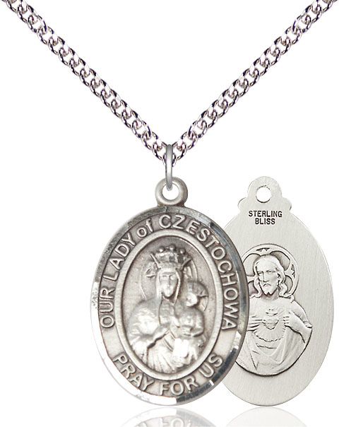 Sterling Silver Our Lady of Czestochowa Pendant on a 24 inch Sterling Silver Heavy Curb chain