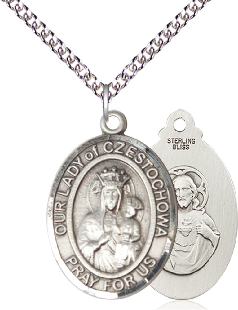 Sterling Silver Our Lady of Czestochowa Pendant on a 24 inch Sterling Silver Heavy Curb chain