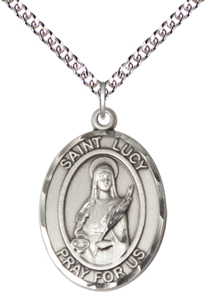 Sterling Silver Saint Lucy Pendant on a 24 inch Sterling Silver Heavy Curb chain