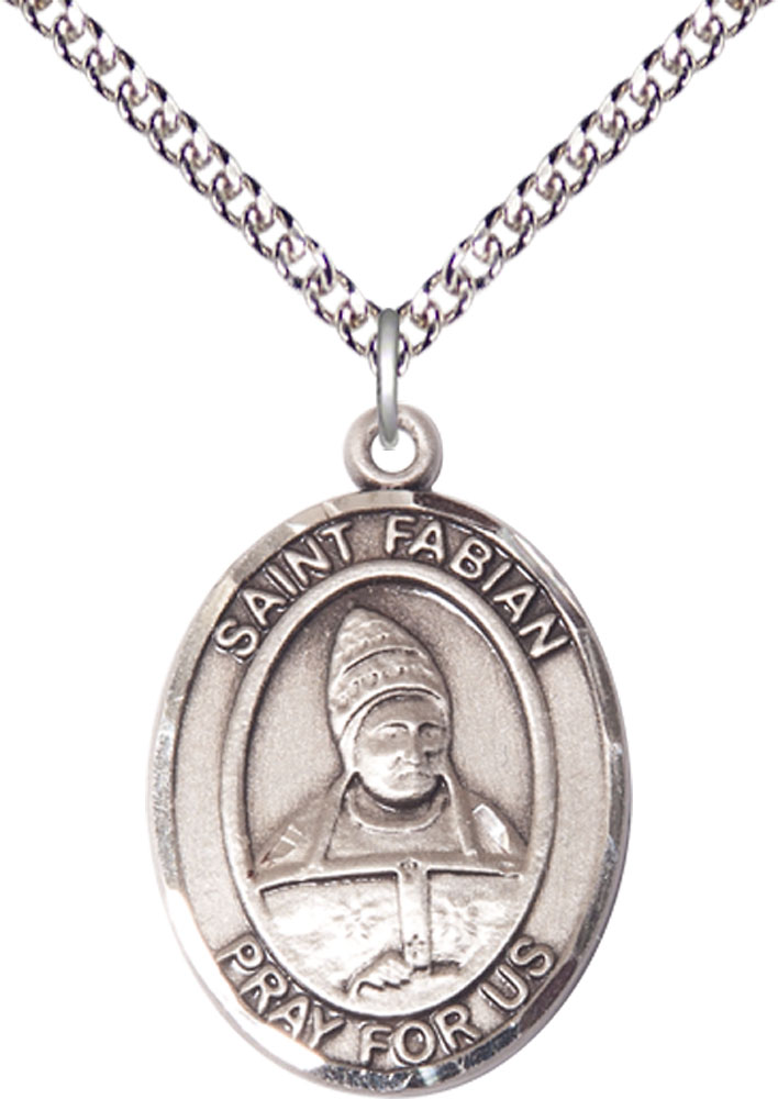 Sterling Silver Saint Fabian Pendant on a 24 inch Sterling Silver Heavy Curb chain