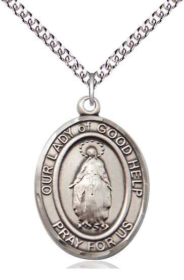 Sterling Silver Our Lady Of Good Help Pendant on a 24 inch Sterling Silver Heavy Curb chain