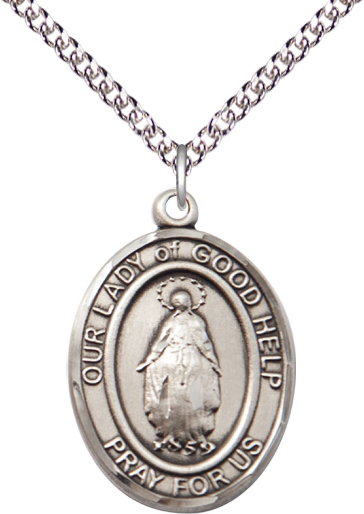 Sterling Silver Our Lady Of Good Help Pendant on a 24 inch Sterling Silver Heavy Curb chain