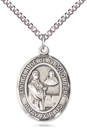 Sterling Silver Saint Claude de la Colombiere Pendant on a 24 inch Sterling Silver Heavy Curb chain