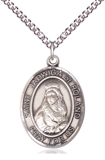 Sterling Silver Saint Jadwiga of Poland Pendant on a 24 inch Sterling Silver Heavy Curb chain