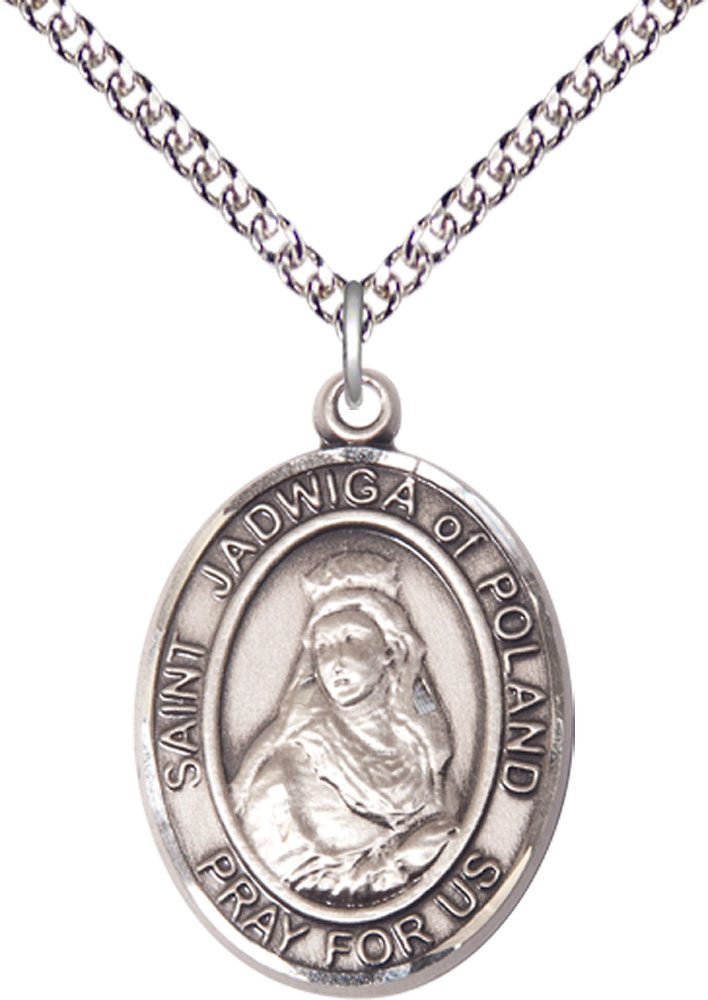 Sterling Silver Saint Jadwiga of Poland Pendant on a 24 inch Sterling Silver Heavy Curb chain