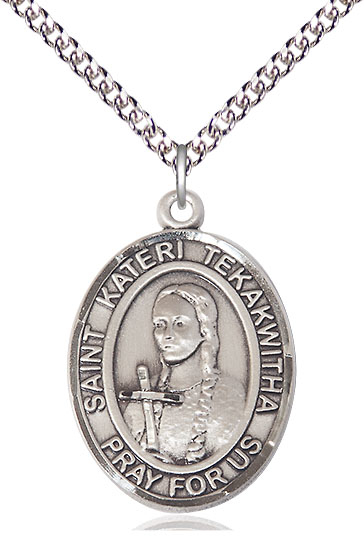 Sterling Silver Saint Kateri Tekakwitha Pendant on a 24 inch Sterling Silver Heavy Curb chain