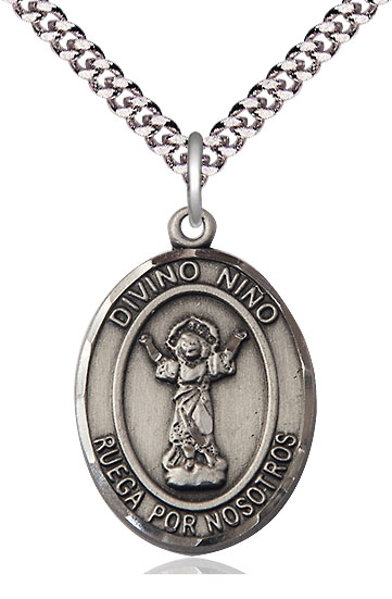 Sterling Silver Divino Nino Pendant on a 24 inch Light Rhodium Heavy Curb chain