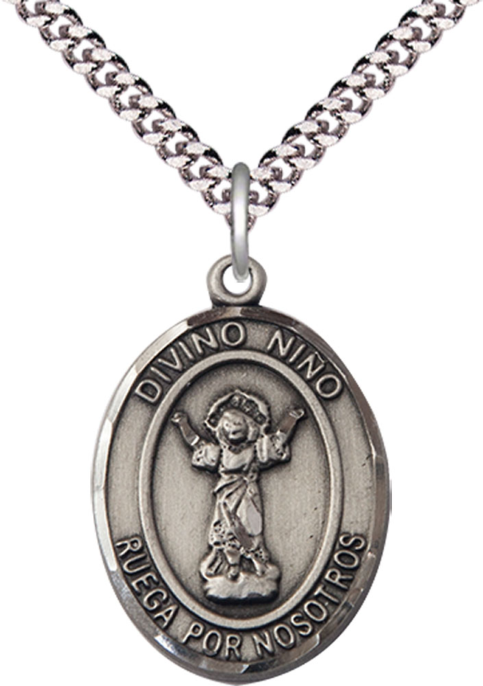 Sterling Silver Divino Nino Pendant on a 24 inch Light Rhodium Heavy Curb chain