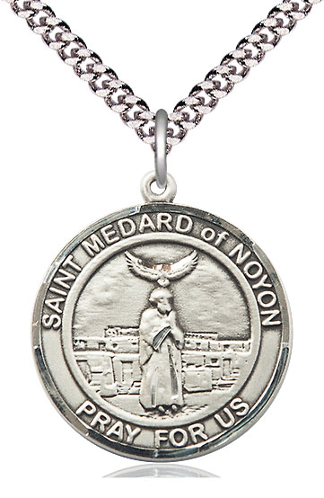 Sterling Silver Saint Medard of Noyon Pendant on a 24 inch Light Rhodium Heavy Curb chain