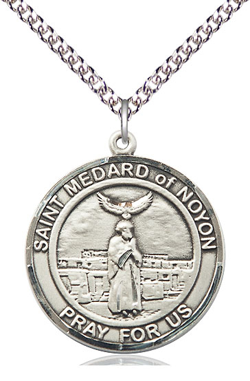 Sterling Silver Saint Medard of Noyon Pendant on a 24 inch Sterling Silver Heavy Curb chain