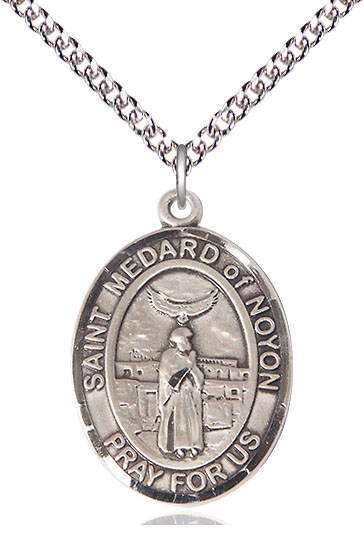 Sterling Silver Saint Medard of Noyon Pendant on a 24 inch Sterling Silver Heavy Curb chain