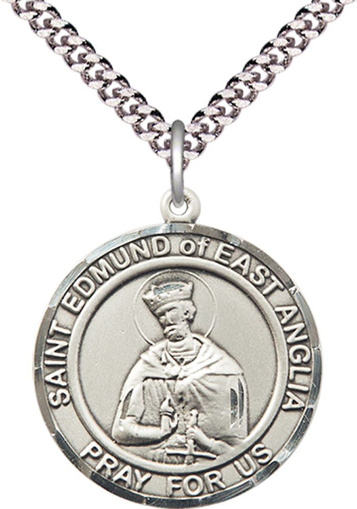 Sterling Silver Saint Edmund of East Anglia Pendant on a 24 inch Light Rhodium Heavy Curb chain