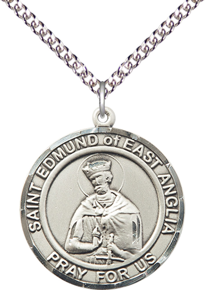 Sterling Silver Saint Edmund of East Anglia Pendant on a 24 inch Sterling Silver Heavy Curb chain