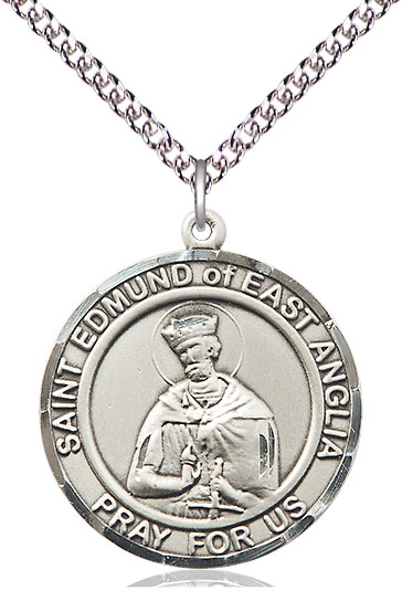 Sterling Silver Saint Edmund of East Anglia Pendant on a 24 inch Sterling Silver Heavy Curb chain