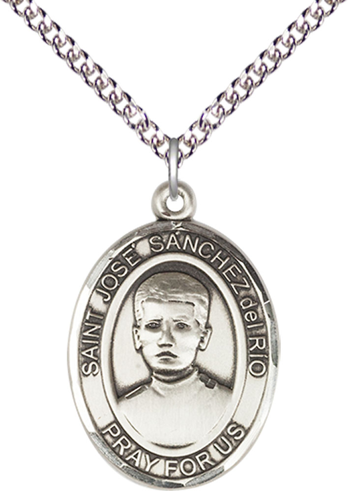 Sterling Silver Saint Jose Canchez del Rio Pendant on a 24 inch Sterling Silver Heavy Curb chain