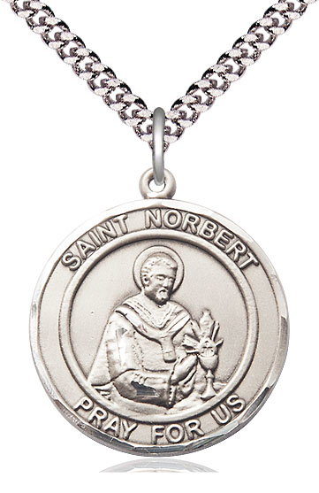 Sterling Silver Saint Norbert of Xanten Pendant on a 24 inch Light Rhodium Heavy Curb chain