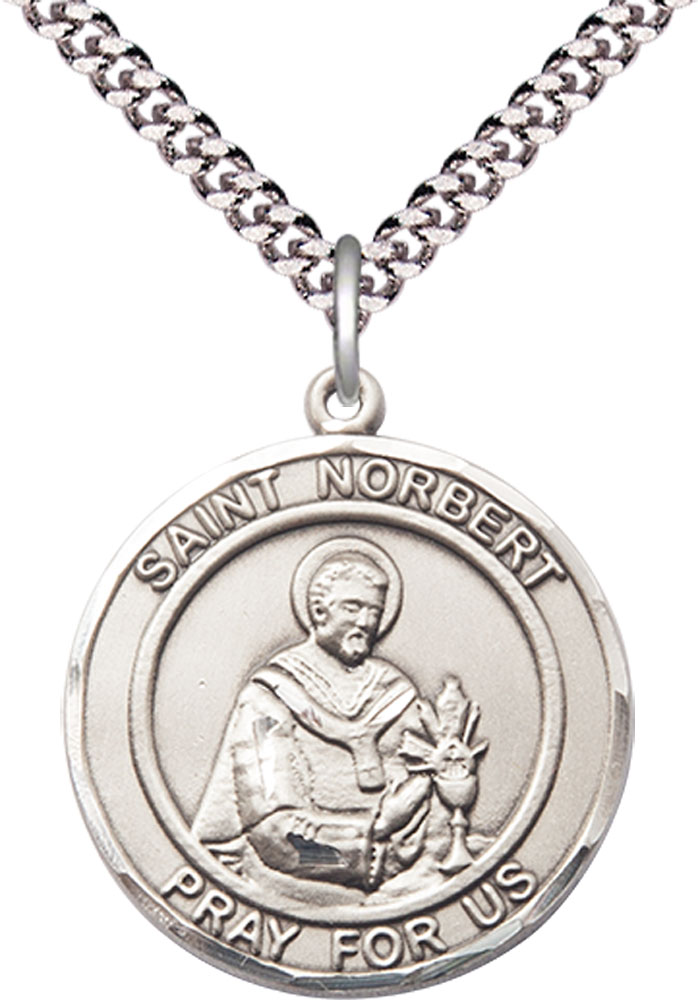 Sterling Silver Saint Norbert of Xanten Pendant on a 24 inch Light Rhodium Heavy Curb chain