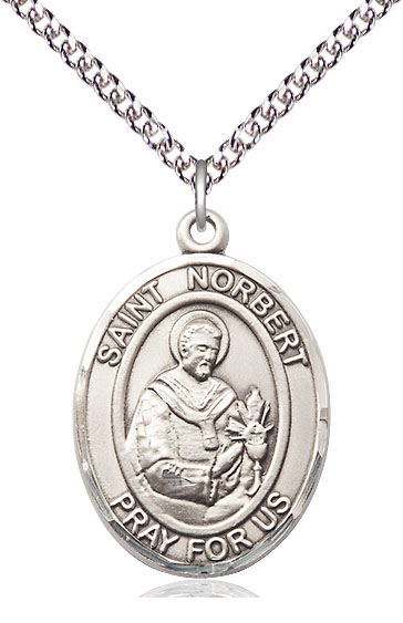 Sterling Silver Saint Norbert of Xanten Pendant on a 24 inch Sterling Silver Heavy Curb chain