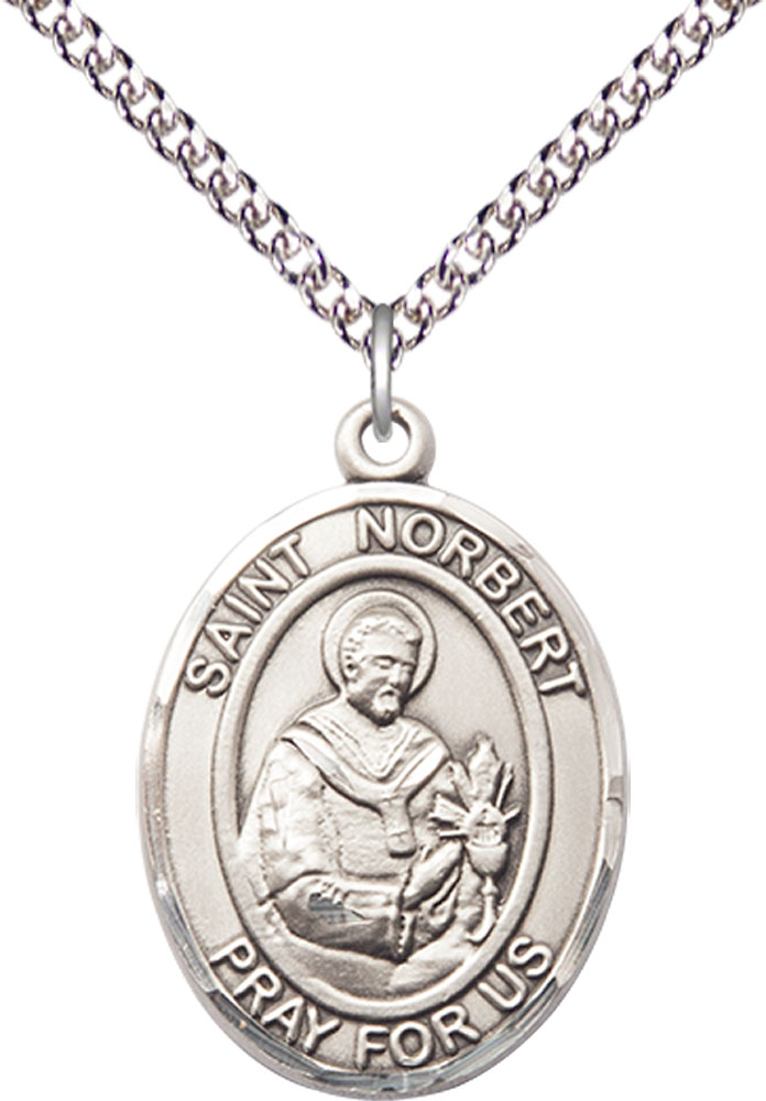 Sterling Silver Saint Norbert of Xanten Pendant on a 24 inch Sterling Silver Heavy Curb chain