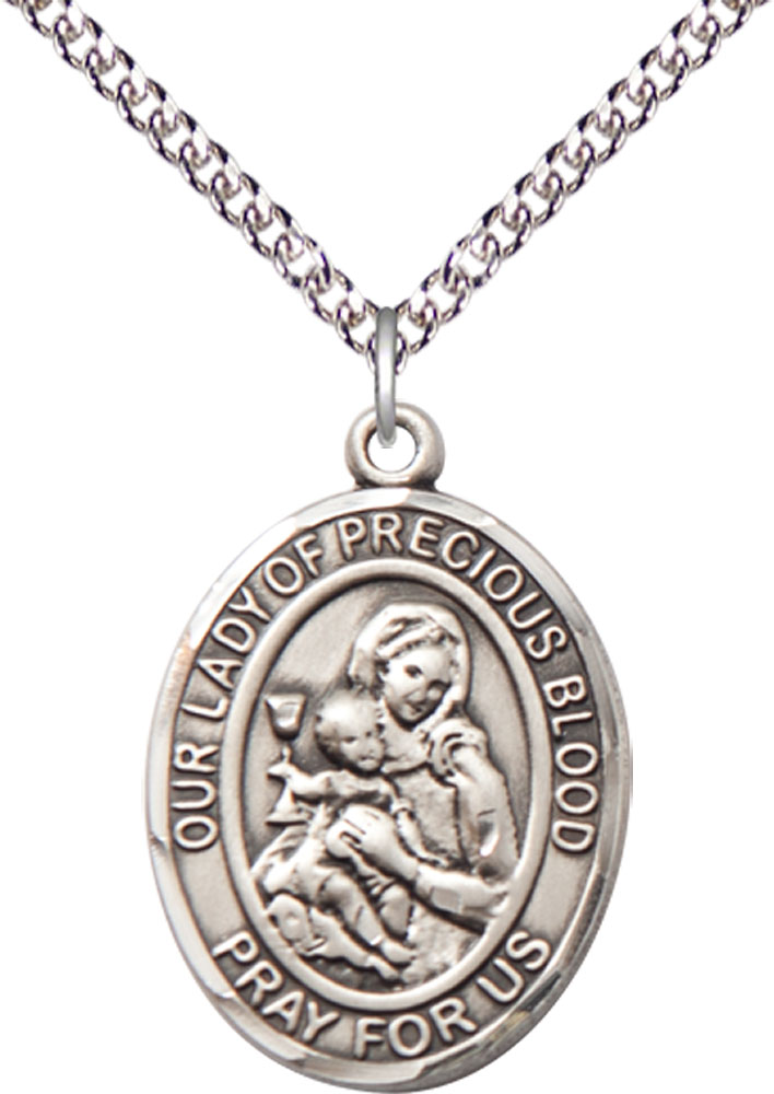 Sterling Silver Our Lady of the Precious Blood Pendant on a 24 inch Sterling Silver Heavy Curb chain