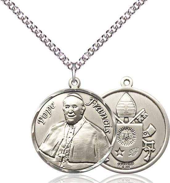 Sterling Silver Pope Francis Pendant on a 24 inch Sterling Silver Heavy Curb chain