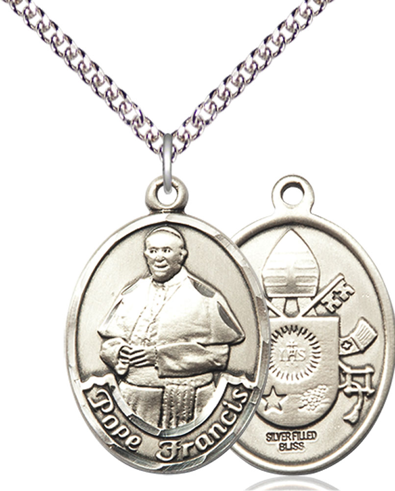 Sterling Silver Pope Francis Pendant on a 24 inch Sterling Silver Heavy Curb chain
