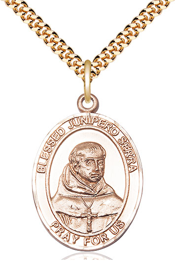 14kt Gold Filled Saint Junipero Serra Pendant on a 24 inch Gold Plate Heavy Curb chain