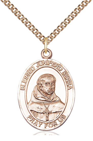 14kt Gold Filled Saint Junipero Serra Pendant on a 24 inch Gold Filled Heavy Curb chain