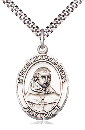 Sterling Silver Saint Junipero Serra Pendant on a 24 inch Light Rhodium Heavy Curb chain