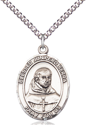 Sterling Silver Saint Junipero Serra Pendant on a 24 inch Sterling Silver Heavy Curb chain