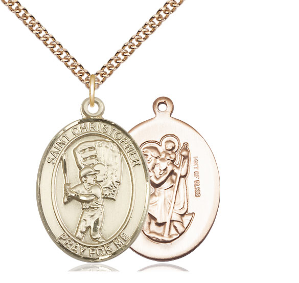 14kt Gold Filled Saint Christopher Baseball Pendant on a 24 inch Gold Filled Heavy Curb chain