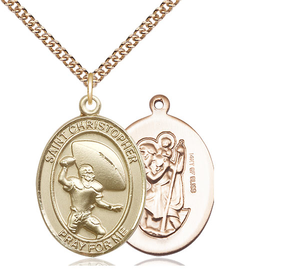 14kt Gold Filled Saint Christpher Football Pendant on a 24 inch Gold Filled Heavy Curb chain
