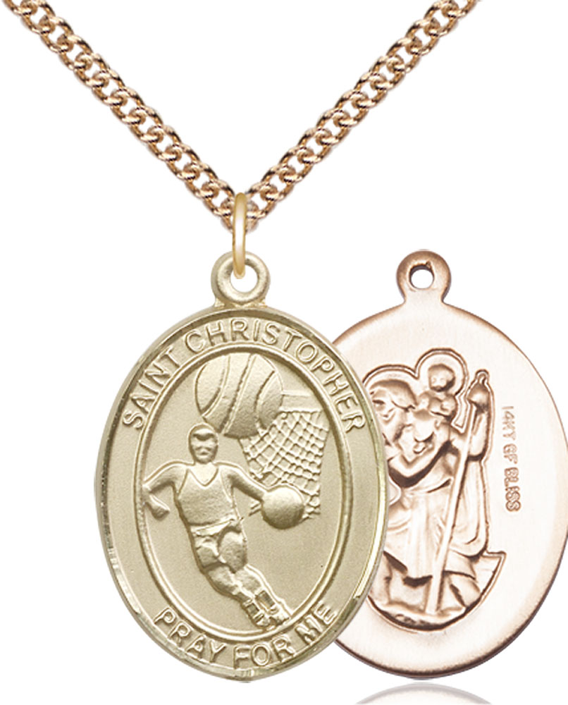 14kt Gold Filled Saint Christopher Basketball Pendant on a 24 inch Gold Filled Heavy Curb chain