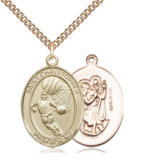 14kt Gold Filled Saint Christopher Basketball Pendant on a 24 inch Gold Filled Heavy Curb chain