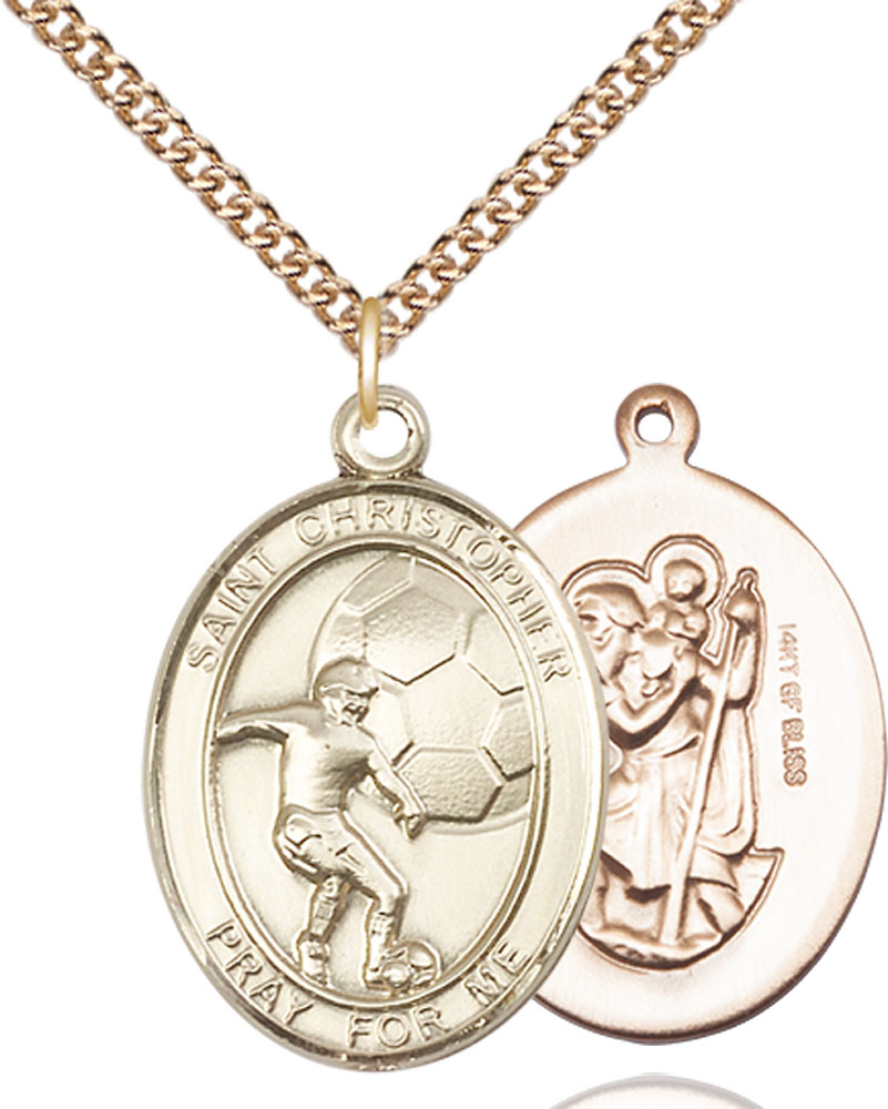 14kt Gold Filled Saint Christopher Soccer Pendant on a 24 inch Gold Filled Heavy Curb chain