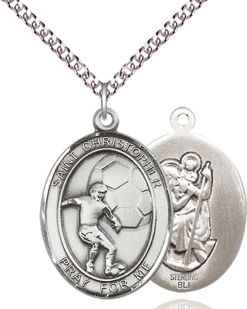 Sterling Silver Saint Christopher Soccer Pendant on a 24 inch Sterling Silver Heavy Curb chain