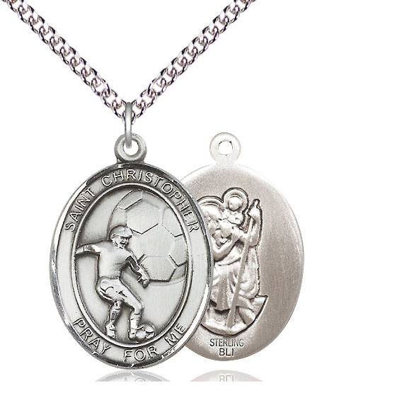 Sterling Silver Saint Christopher Soccer Pendant on a 24 inch Sterling Silver Heavy Curb chain