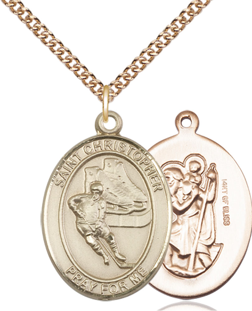 14kt Gold Filled Saint Christopher Hockey Pendant on a 24 inch Gold Filled Heavy Curb chain