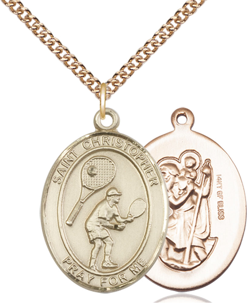 14kt Gold Filled Saint Christopher Tennis Pendant on a 24 inch Gold Filled Heavy Curb chain