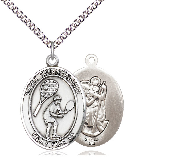 Sterling Silver Saint Christopher Tennis Pendant on a 24 inch Sterling Silver Heavy Curb chain